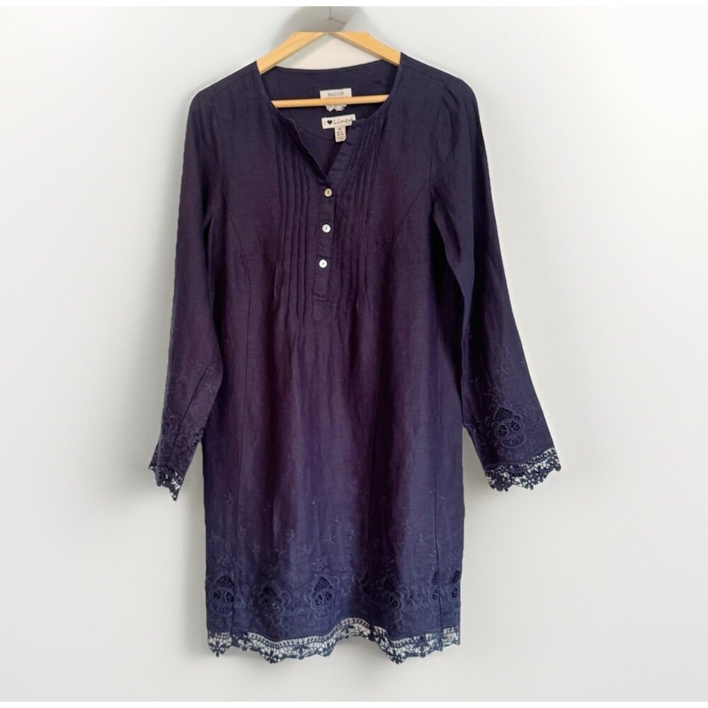 Malvin I Love Linen Blue Embroidered Sheath Dress Women’s 8 Nautical Resort